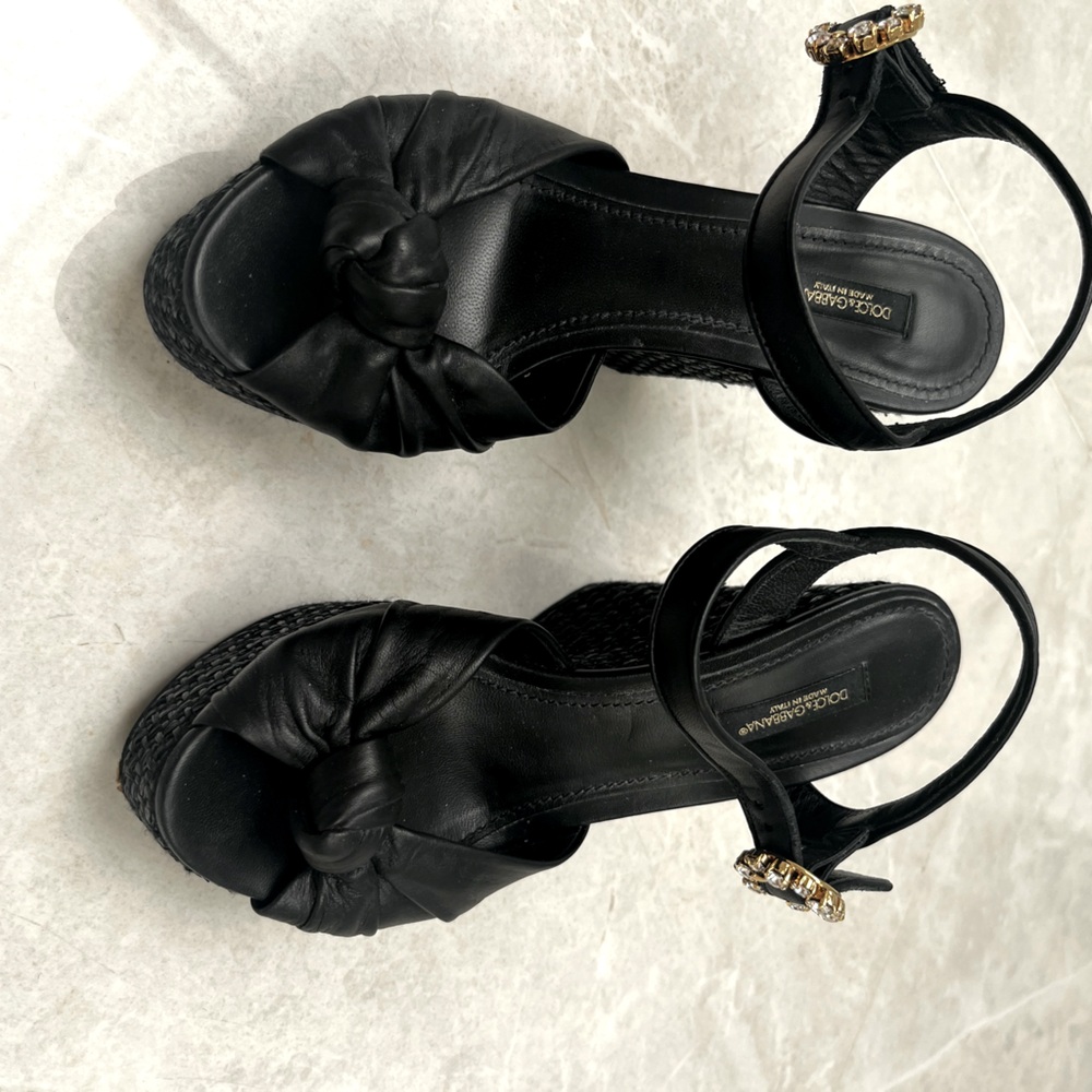 Dolce & Gabbanna black leather wedge platforms with rhinestone clasp   Size 36